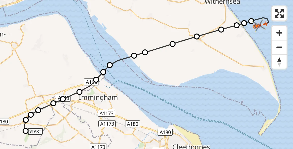 Flight route Coastguard Helicopter Humberside Airport - North Sea, 25 October 2026, 16:24