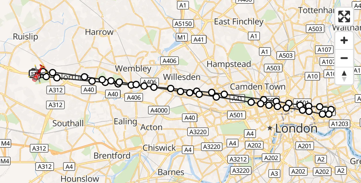 Flight route Air Ambulance Helicopter RAF Northolt - RAF Northolt, 25 October 2026, 16:36
