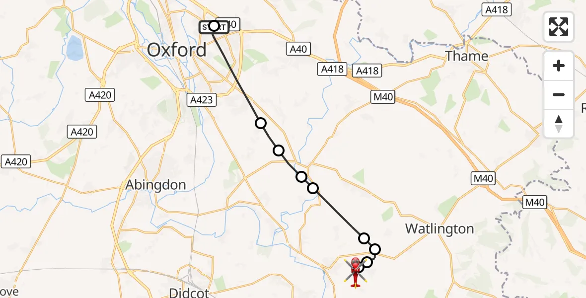 Flight route Air Ambulance Helicopter John Radcliffe Hospital - RAF Benson, 25 October 2026, 16:42
