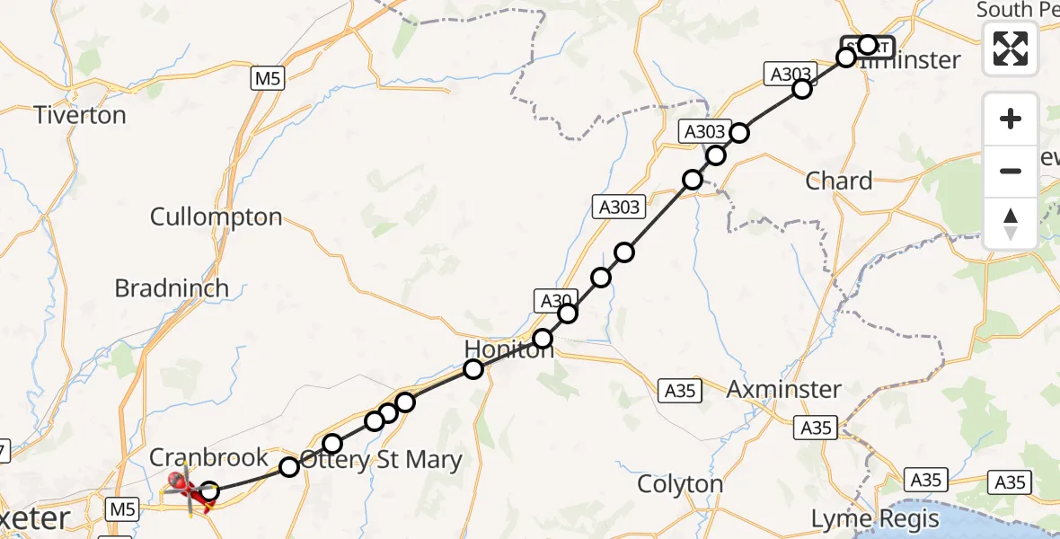 Flight route Air Ambulance Helicopter Horton - Exeter International Airport, 25 October 2026, 17:36