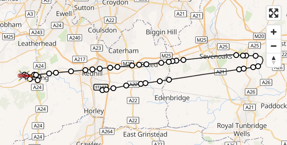 Flight route Air Ambulance Helicopter Redhill Aerodrome - Mole Valley, 25 October 2026, 17:43