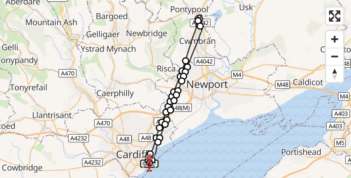 Flight route Air Ambulance Helicopter Cardiff Heliport - Cardiff Heliport, 25 October 2026, 17:44