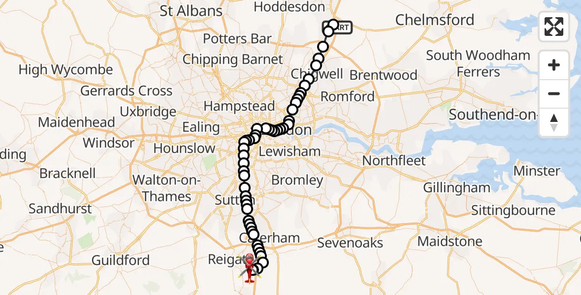 Flight route Air Ambulance Helicopter North Weald Airfield - Redhill Aerodrome, 25 October 2026, 18:01