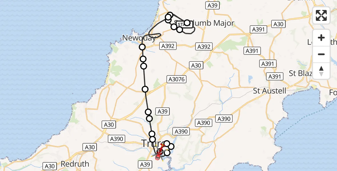 Flight route Air Ambulance Helicopter Cornwall Airport Newquay - Truro, 25 October 2026, 18:02