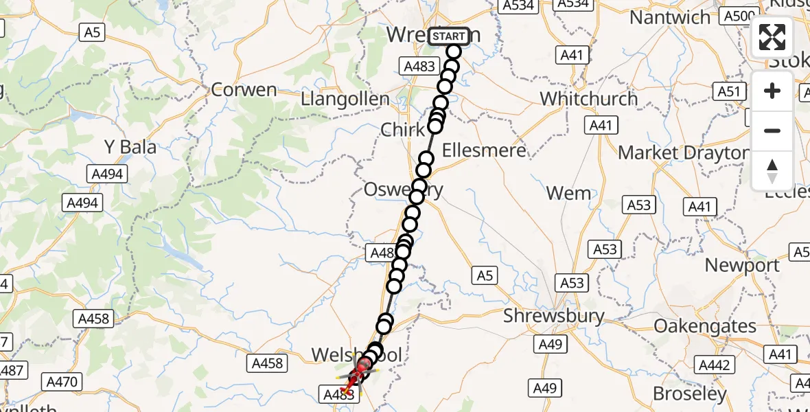 Flight route Air Ambulance Helicopter Caia Park - Welshpool Airport, 25 October 2026, 18:10