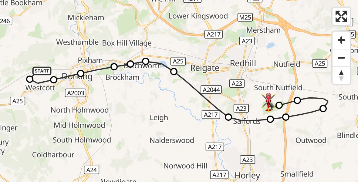 Flight route Air Ambulance Helicopter Mole Valley - Redhill Aerodrome, 25 October 2026, 18:16