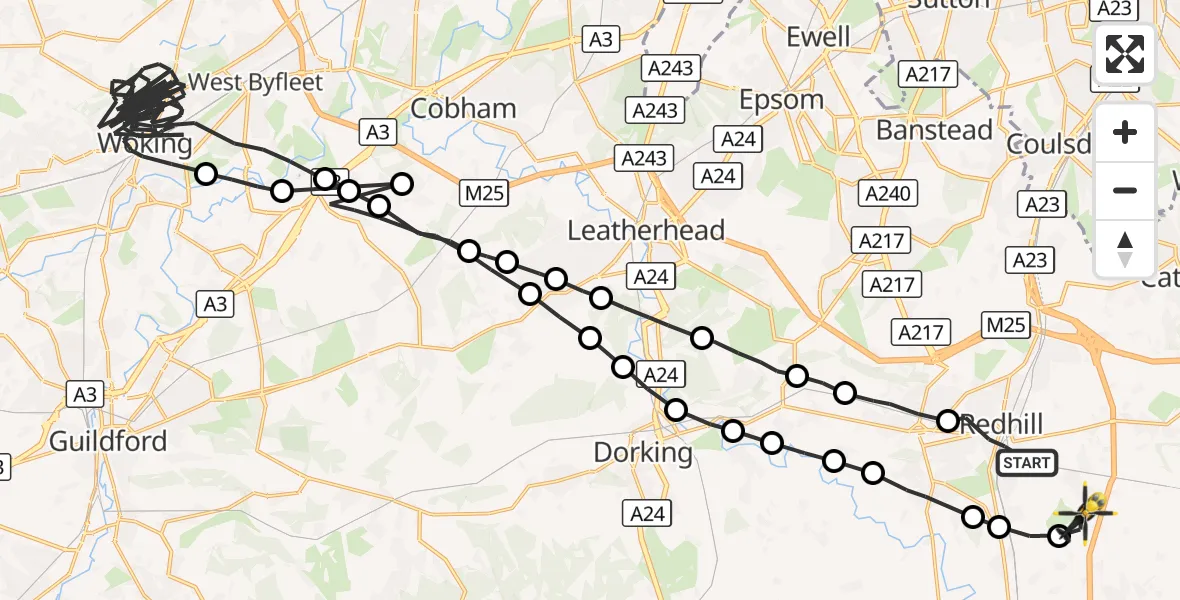 Flight route Police Helicopter Redhill - Tandridge, 25 October 2026, 18:27