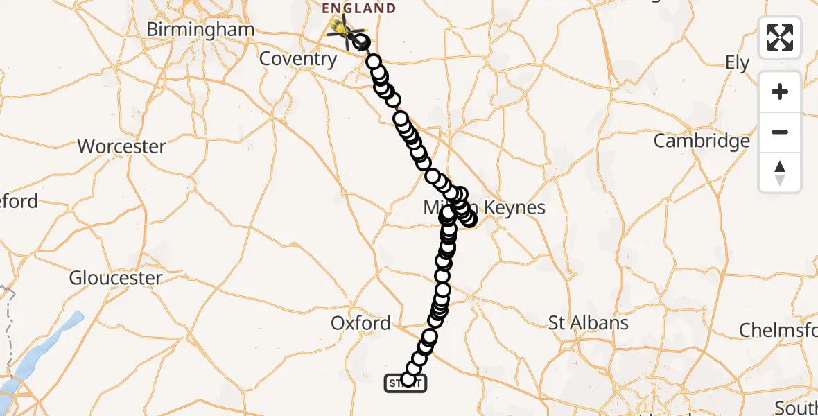 Flight route Police Helicopter Benson - Rugby, 25 October 2026, 18:29