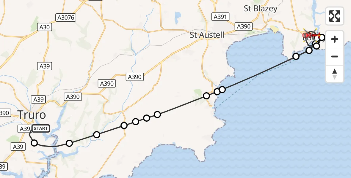 Flight route Air Ambulance Helicopter Truro - Fowey, 25 October 2026, 18:30