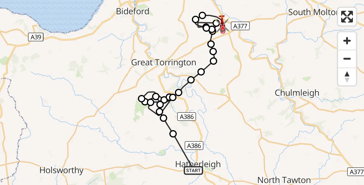 Flight route Air Ambulance Helicopter Hatherleigh - Atherington, 25 October 2026, 18:42