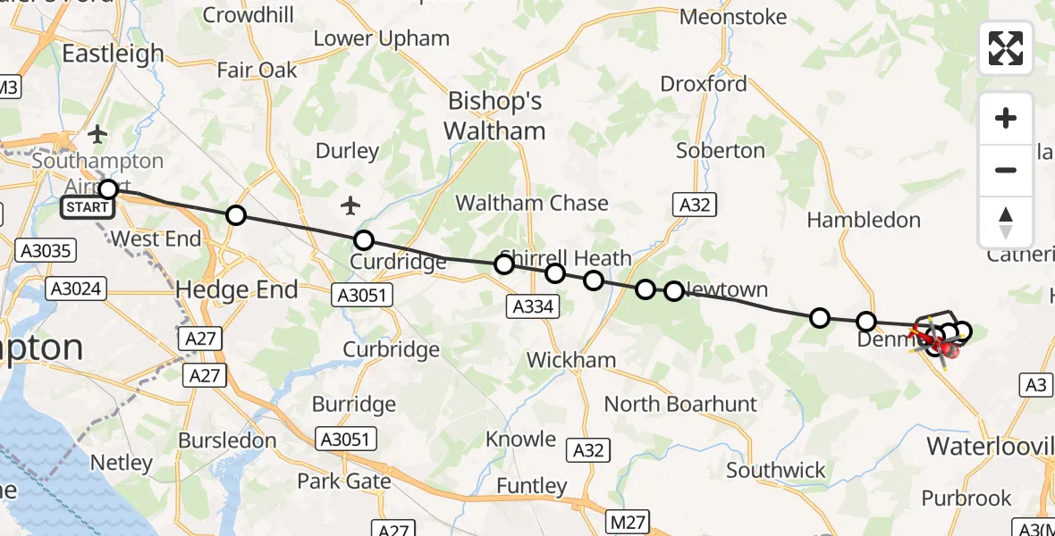 Flight route Air Ambulance Helicopter Townhill Park - Denmead, 25 October 2026, 18:45