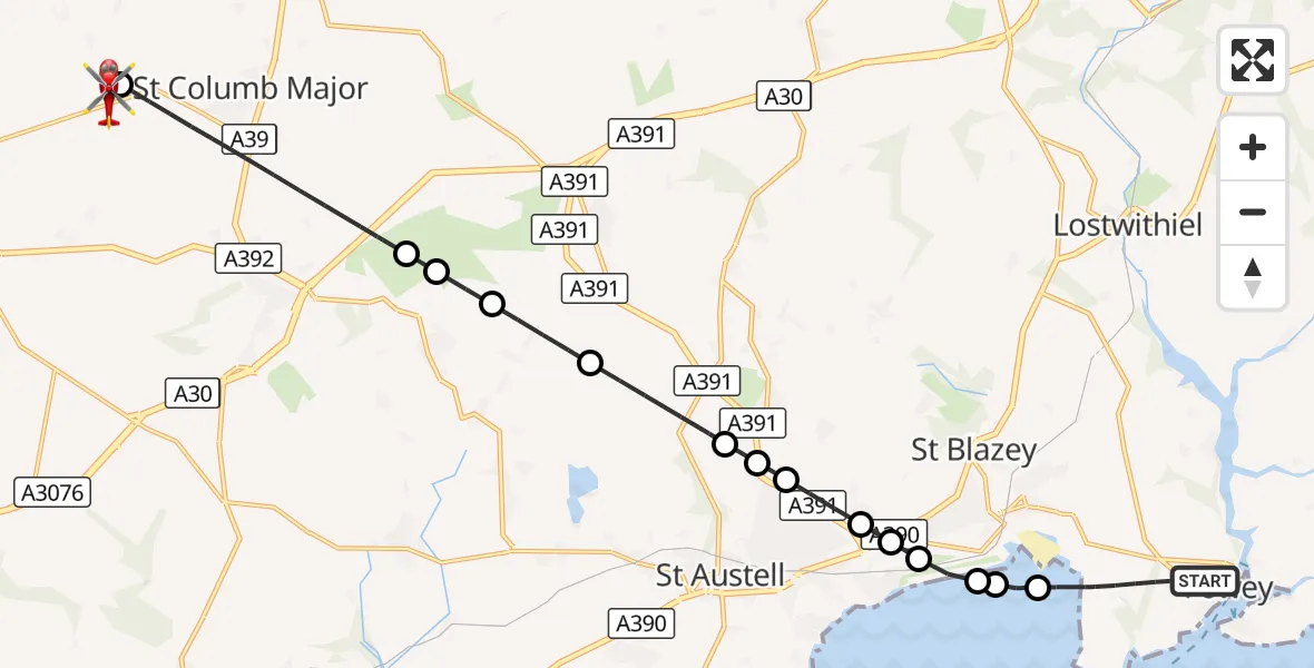 Flight route Air Ambulance Helicopter Fowey - Cornwall Airport Newquay, 25 October 2026, 18:45