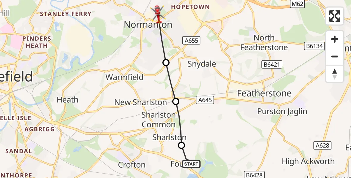 Flight route Air Ambulance Helicopter YAA Nostell Helicopter Port - Normanton and Altofts, 25 October 2026, 19:13