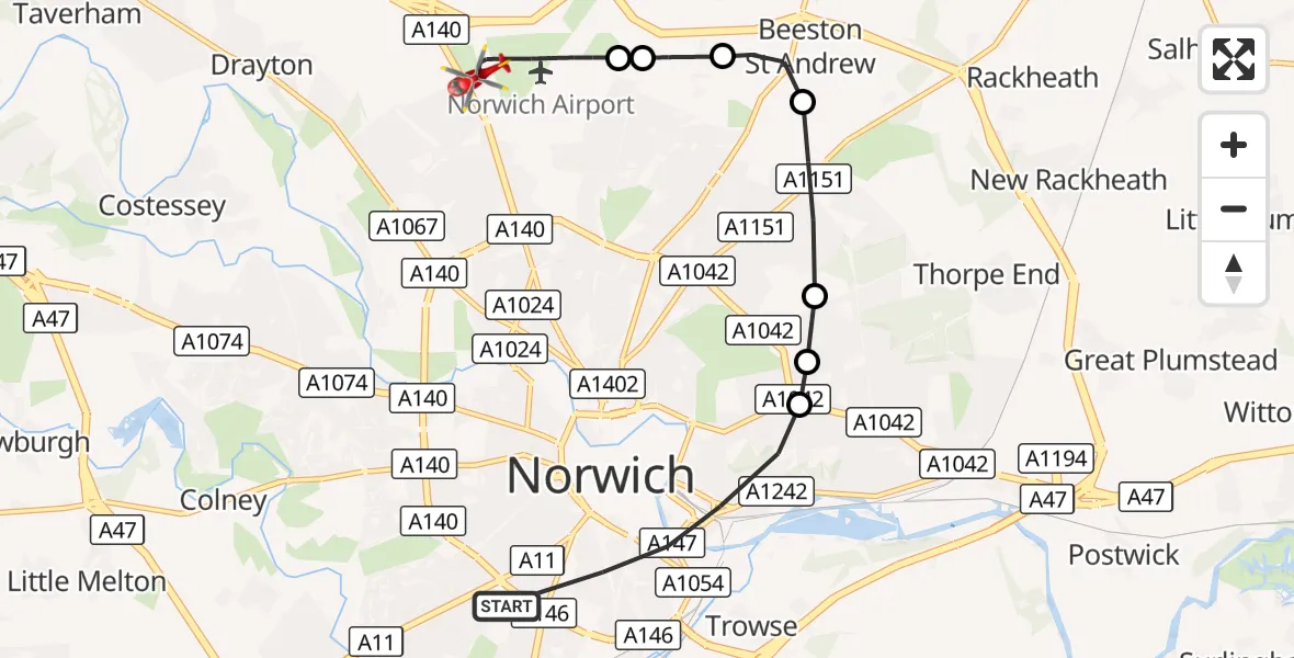 Flight route Air Ambulance Helicopter Norwich - Norwich Airport, 25 October 2026, 21:14