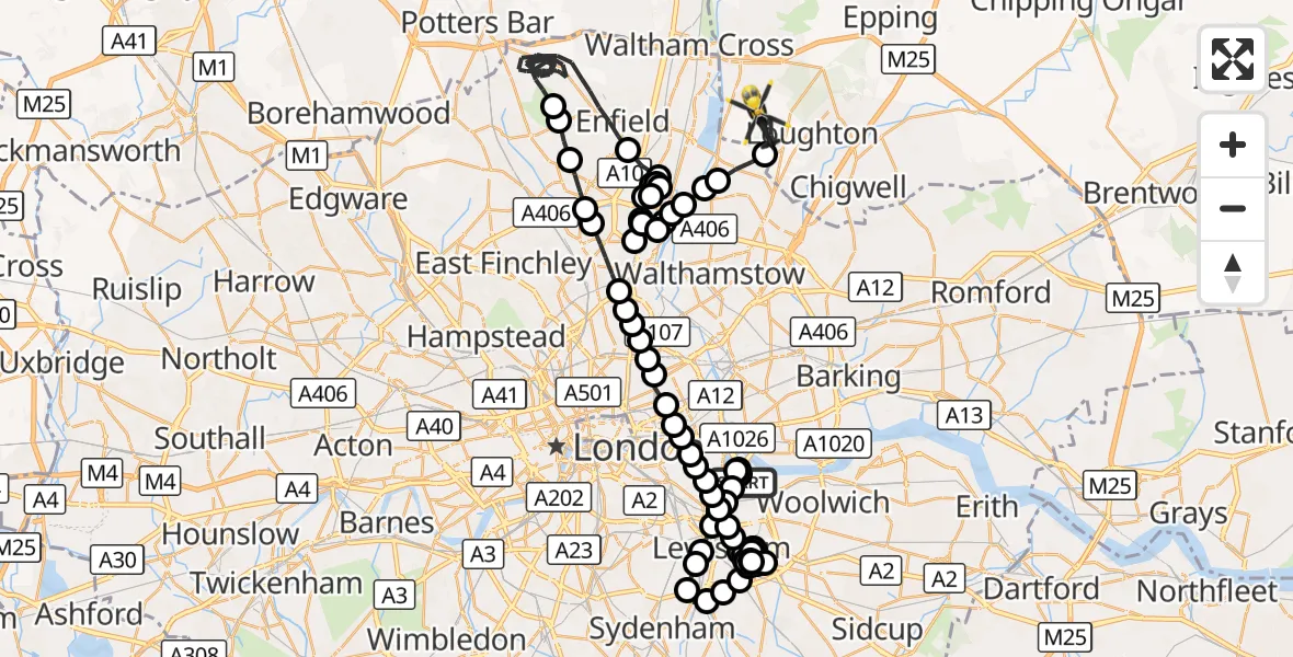 Flight route Police Helicopter East Greenwich - Metropolitan Police Air Support Unit Lippitts Hill, 25 October 2026, 21:14