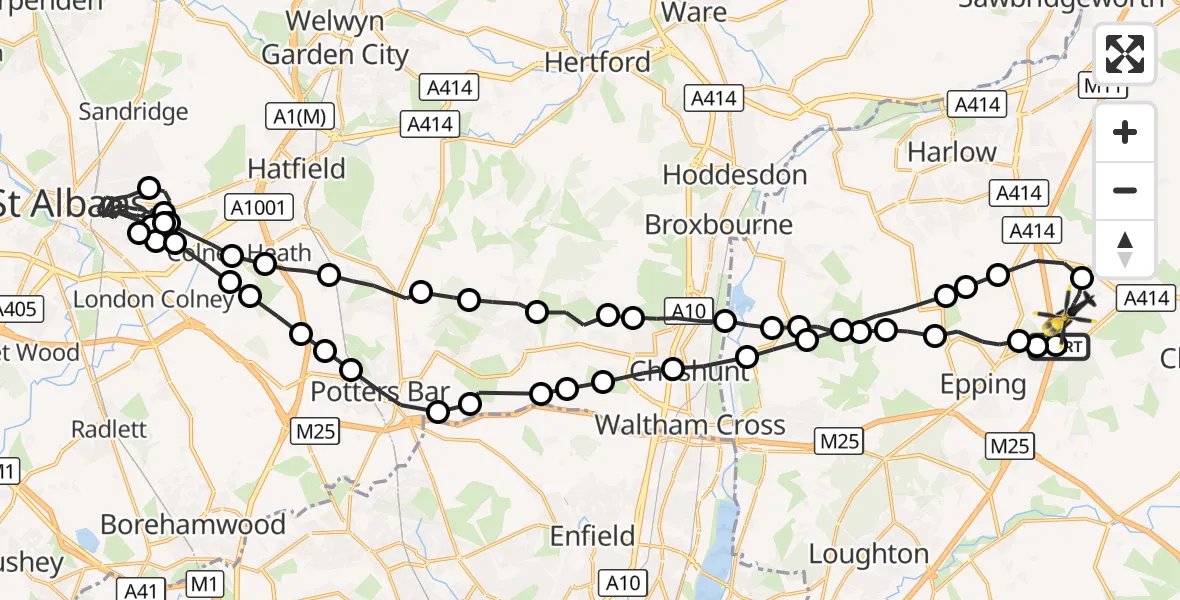 Flight route Police Helicopter North Weald Airfield - North Weald Airfield, 25 October 2026, 21:14