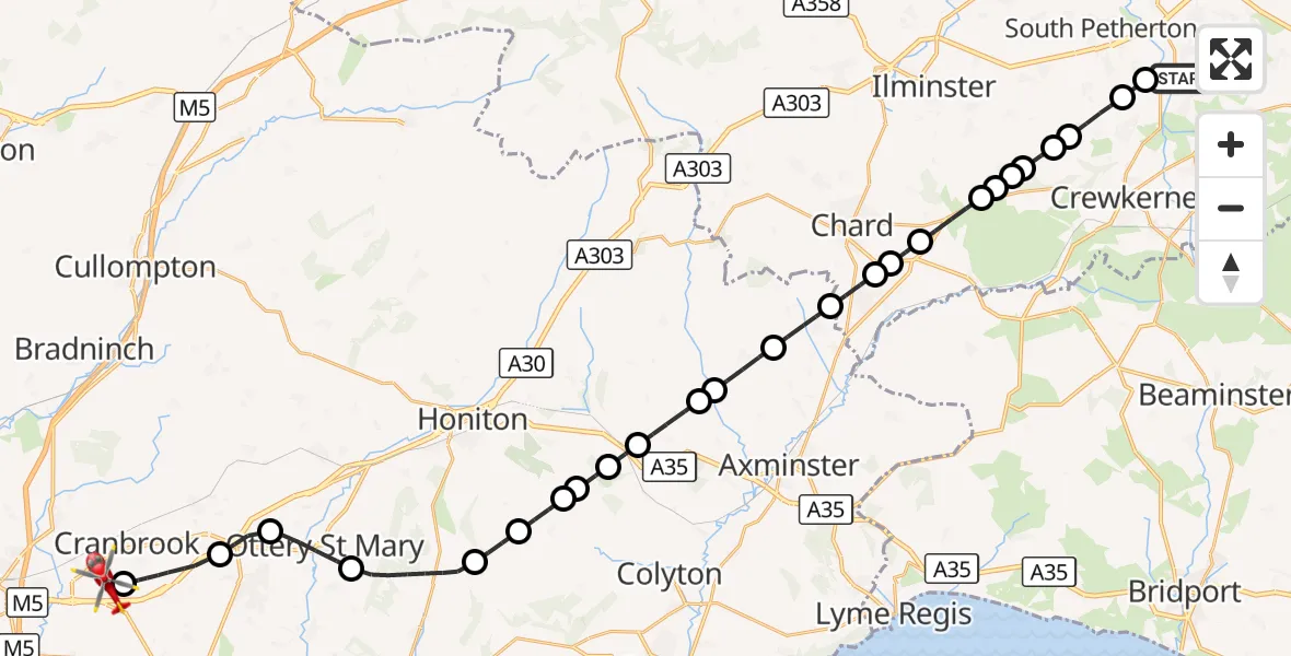 Flight route Air Ambulance Helicopter Chiselborough - Exeter International Airport, 25 October 2026, 21:17