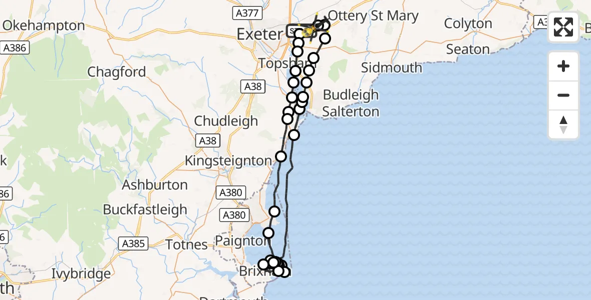 Flight route Police Helicopter Exeter International Airport - Exeter International Airport, 25 October 2026, 21:40