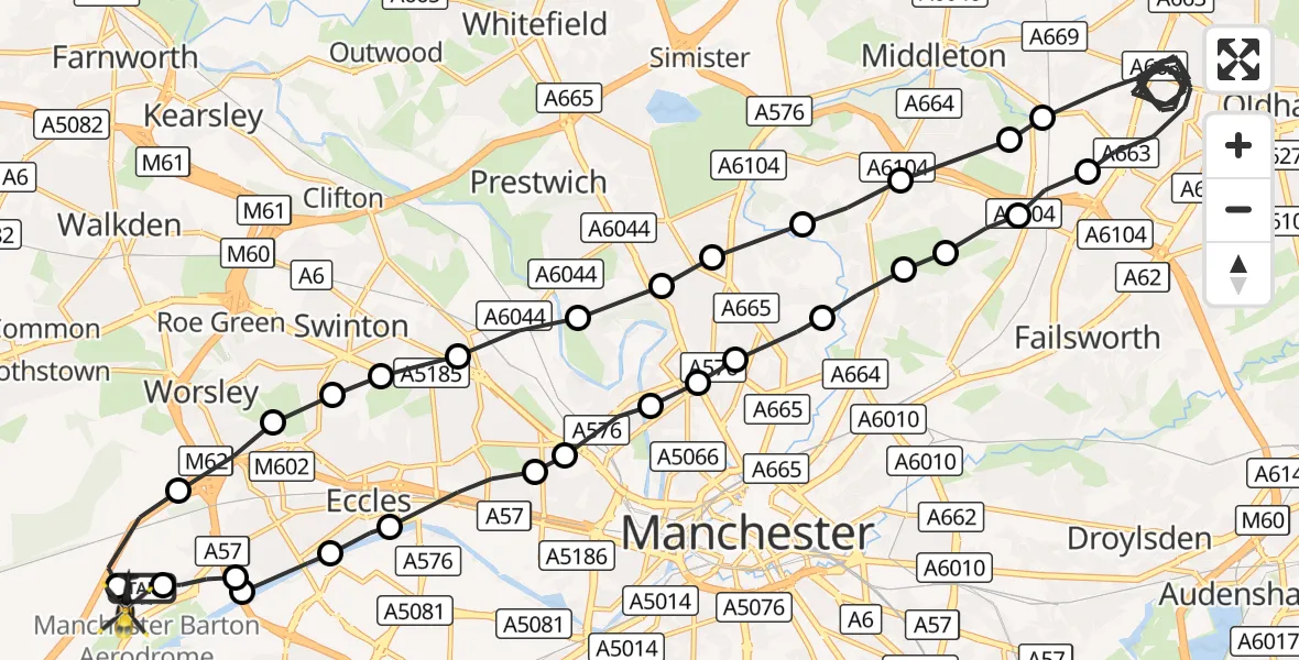 Flight route Police Helicopter Manchester Barton Aerodrome - Irlam, 25 October 2026, 21:46