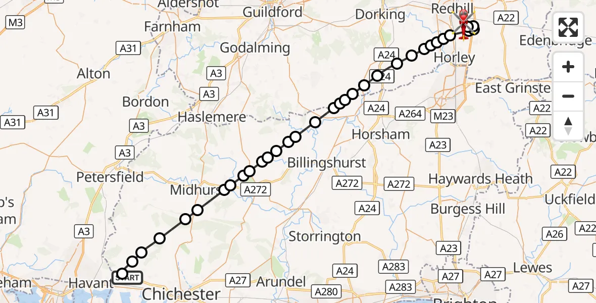 Flight route Air Ambulance Helicopter Funtington - Redhill Aerodrome, 25 October 2026, 21:51