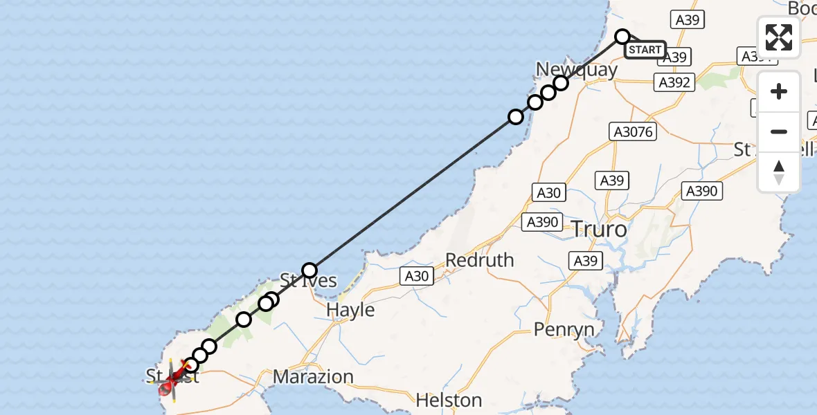Flight route Air Ambulance Helicopter Cornwall Airport Newquay - St Just, 25 October 2026, 21:54