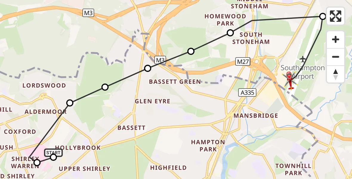 Flight route Air Ambulance Helicopter University Hospital Southampton - Southampton Airport, 25 October 2026, 22:26