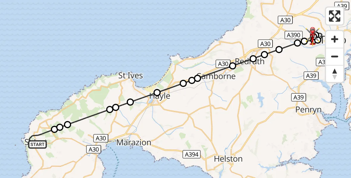Flight route Air Ambulance Helicopter St Just - Treliske Hospital, 25 October 2026, 22:52