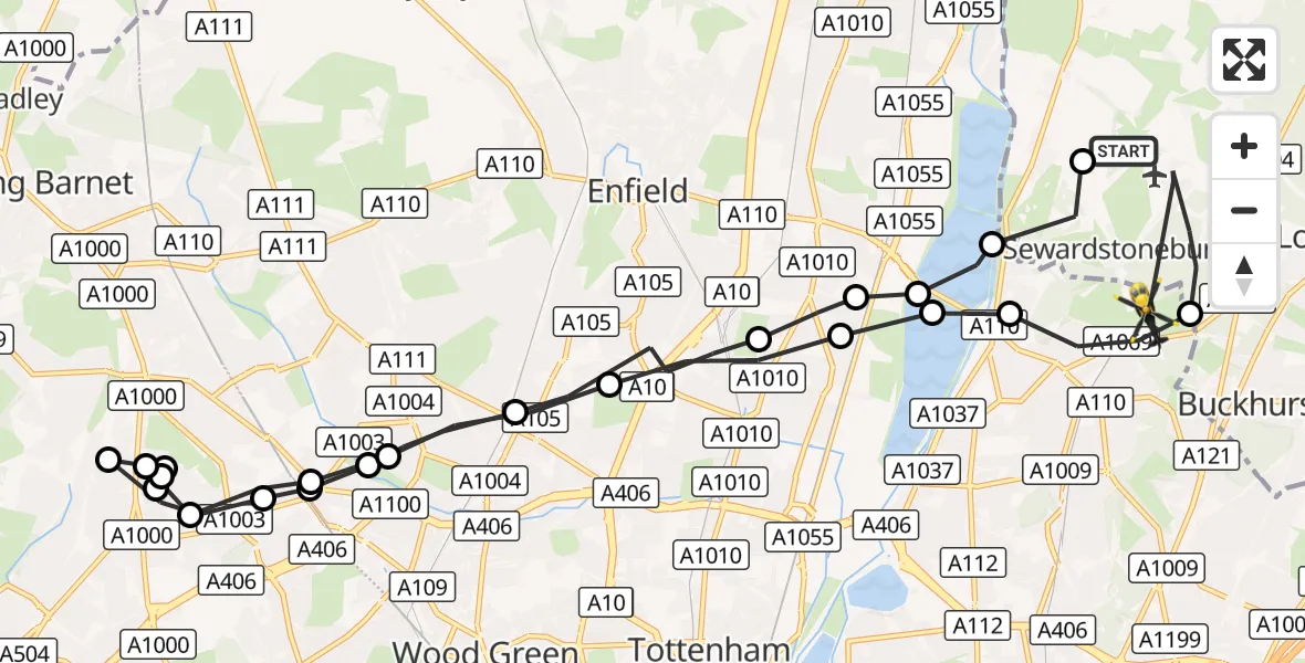 Flight route Police Helicopter Metropolitan Police Air Support Unit Lippitts Hill - Sewardstonebury, 25 October 2026, 23:09