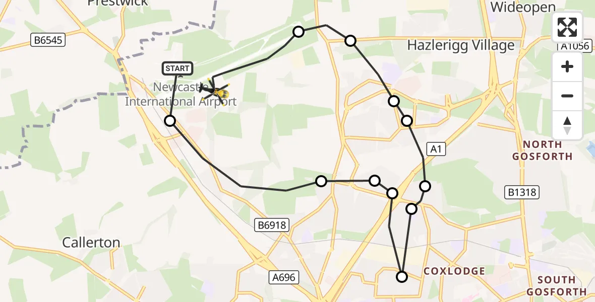 Flight route Police Helicopter Newcastle International Airport - Newcastle International Airport, 25 October 2026, 23:38