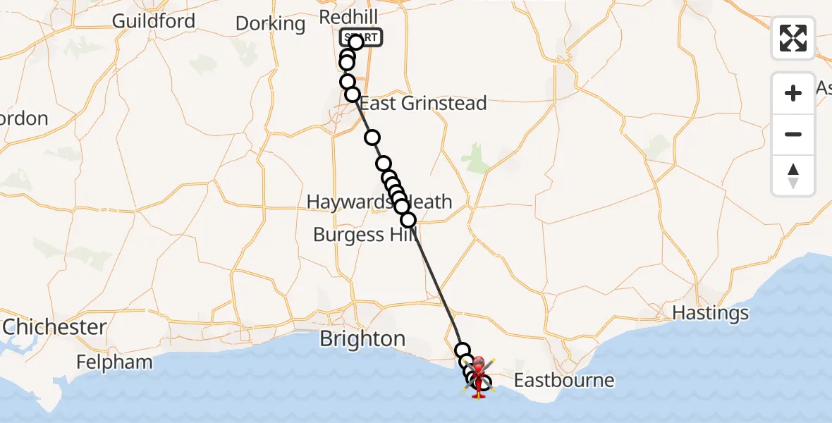 Flight route Air Ambulance Helicopter Redhill Aerodrome - Seaford, 26 October 2026, 00:04