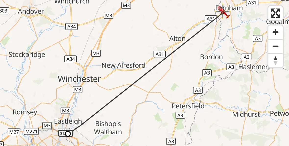 Flight route Air Ambulance Helicopter Southampton Airport - Farnham, 26 October 2026, 00:39