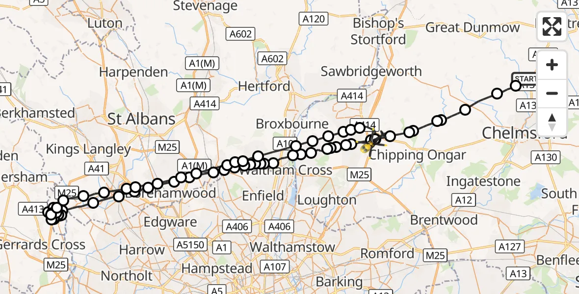 Flight route Police Helicopter Howe Street - North Weald Airfield, 26 October 2026, 00:56