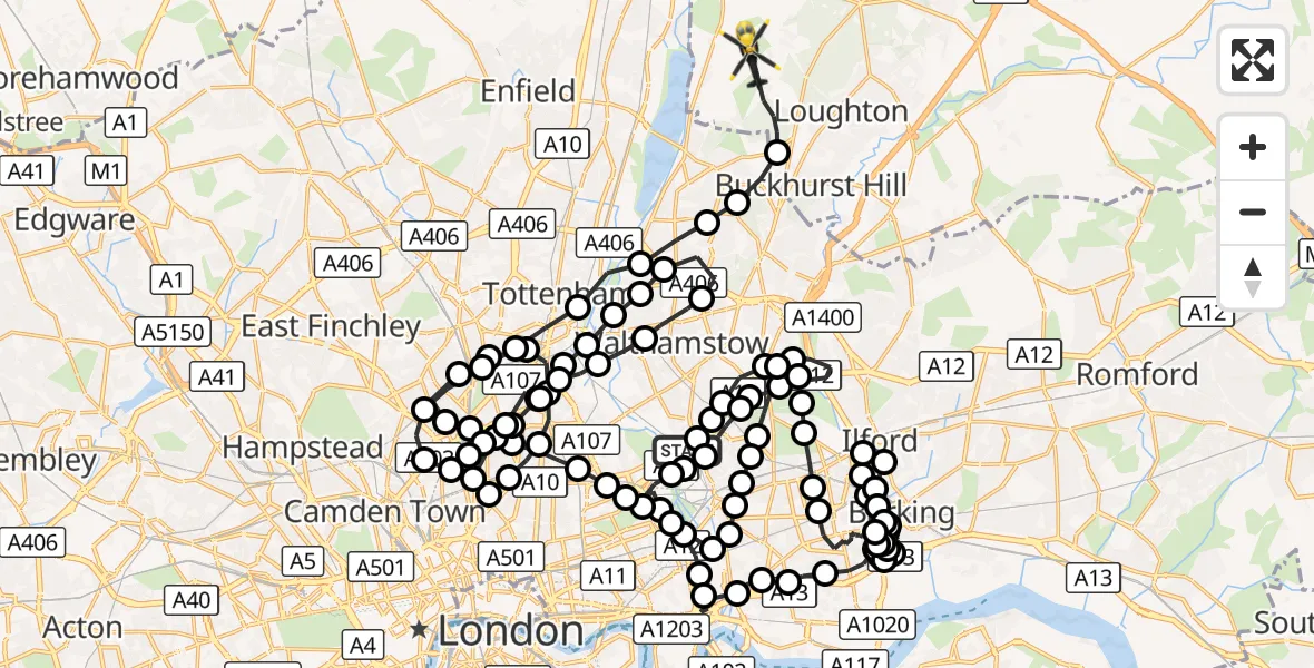 Flight route Police Helicopter Leyton - Sewardstonebury, 26 October 2026, 00:56