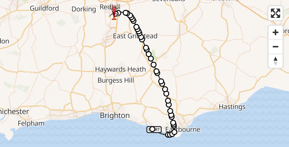 Flight route Air Ambulance Helicopter Seaford - Redhill Aerodrome, 26 October 2026, 01:07