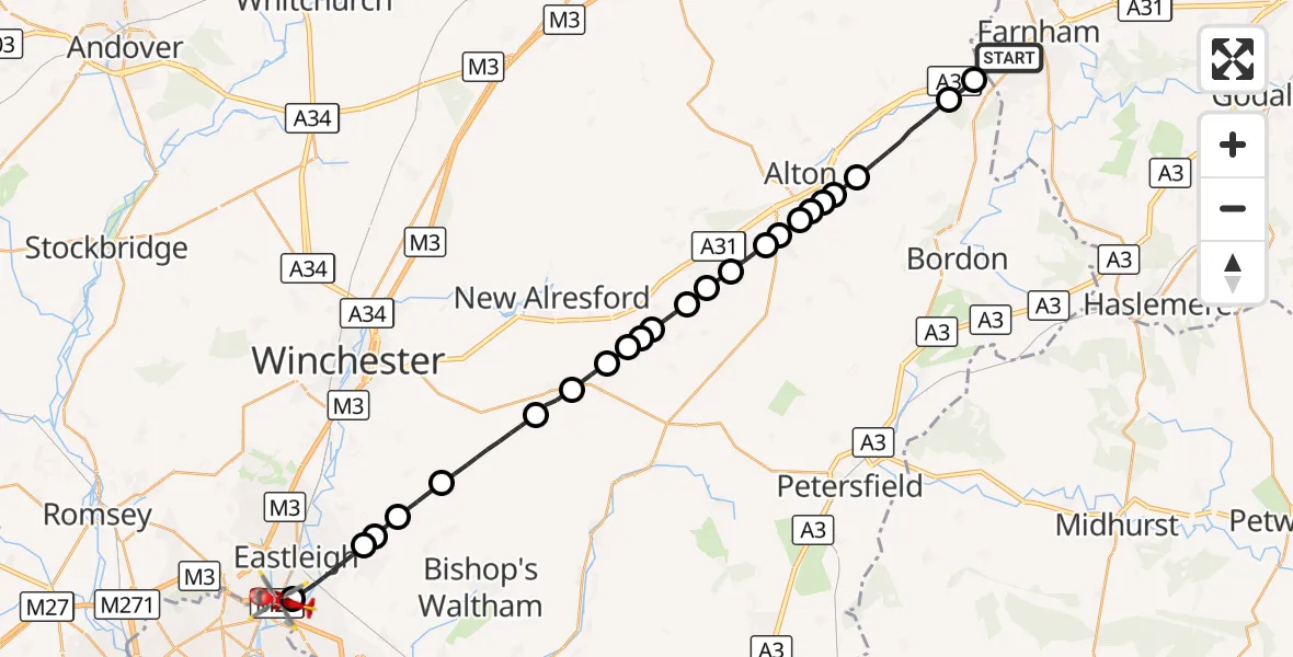 Flight route Air Ambulance Helicopter Farnham - Southampton Airport, 26 October 2026, 01:50