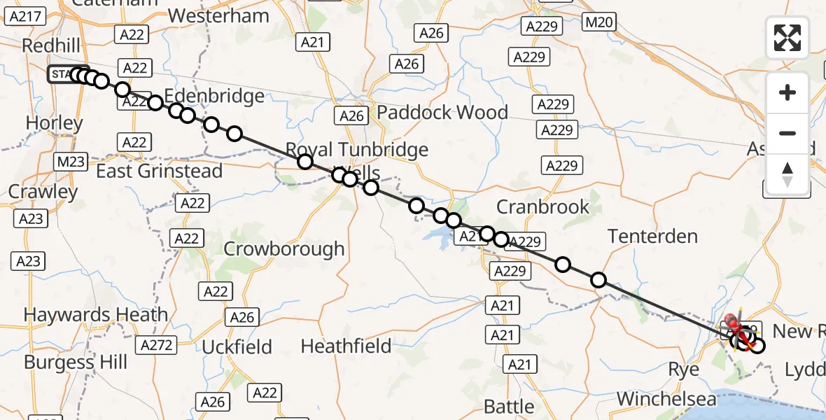 Flight route Air Ambulance Helicopter Redhill Aerodrome - Brookland, 26 October 2026, 02:25