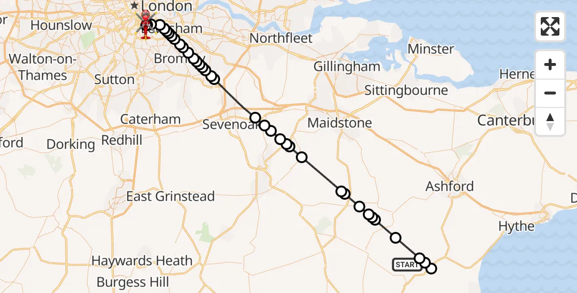 Flight route Air Ambulance Helicopter Rother - Kings College London Hospital, 26 October 2026, 03:23