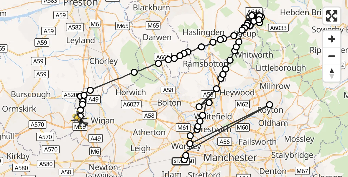 Flight route Police Helicopter Manchester Barton Aerodrome - Wigan, 26 October 2026, 03:41