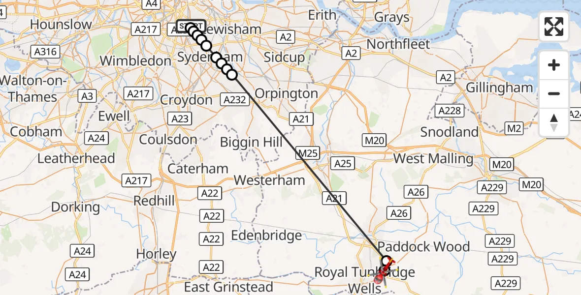 Flight route Air Ambulance Helicopter Kings College London Hospital - Tunbridge Wells Hospital Heliport, 26 October 2026, 04:21
