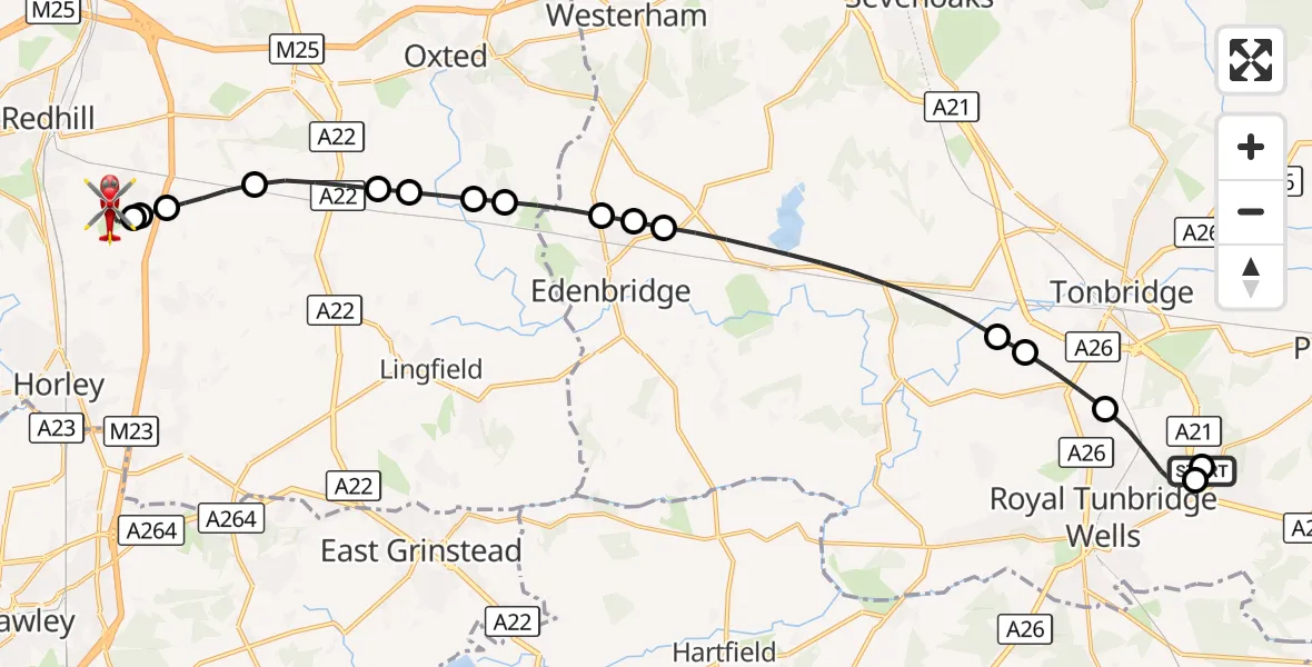 Flight route Air Ambulance Helicopter Tunbridge Wells Hospital Heliport - Redhill Aerodrome, 26 October 2026, 05:47