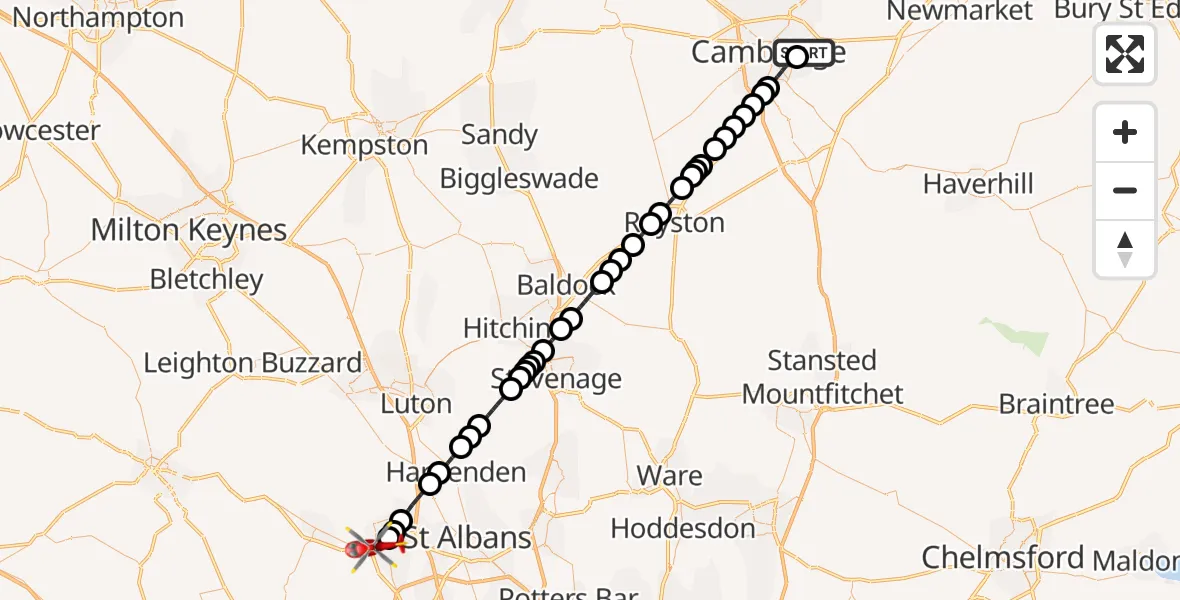 Flight route Air Ambulance Helicopter Cambridge City Airport - Corner Hall, 26 October 2026, 07:42