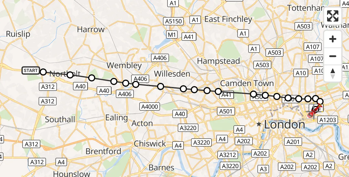 Flight route Air Ambulance Helicopter RAF Northolt - Royal London Hospital, 26 October 2026, 08:08