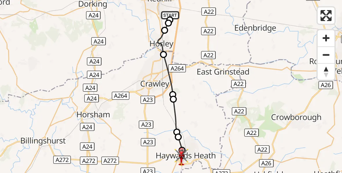 Flight route Air Ambulance Helicopter Redhill Aerodrome - Haywards Heath, 26 October 2026, 08:22