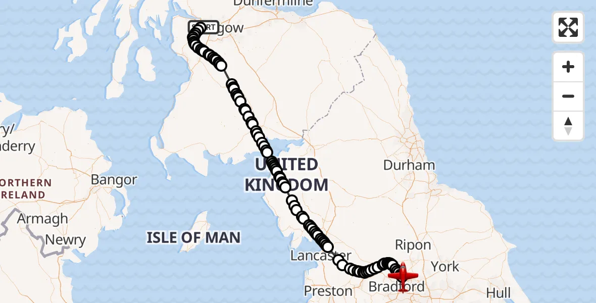 Flight route Air Ambulance Aircraft Glasgow Airport - Leeds Bradford Airport, 26 October 2026, 08:42
