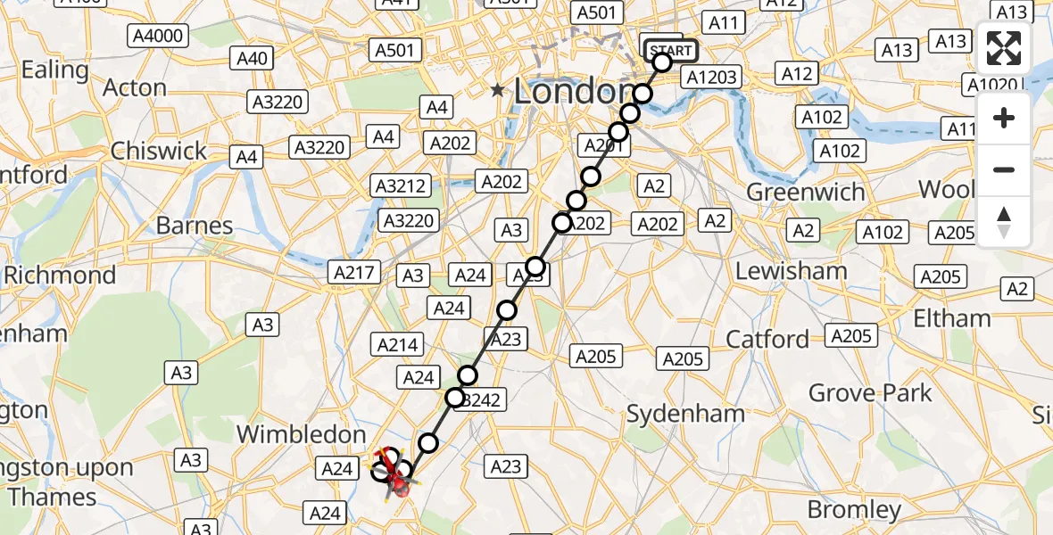 Flight route Air Ambulance Helicopter Royal London Hospital - Mitcham, 26 October 2026, 08:43