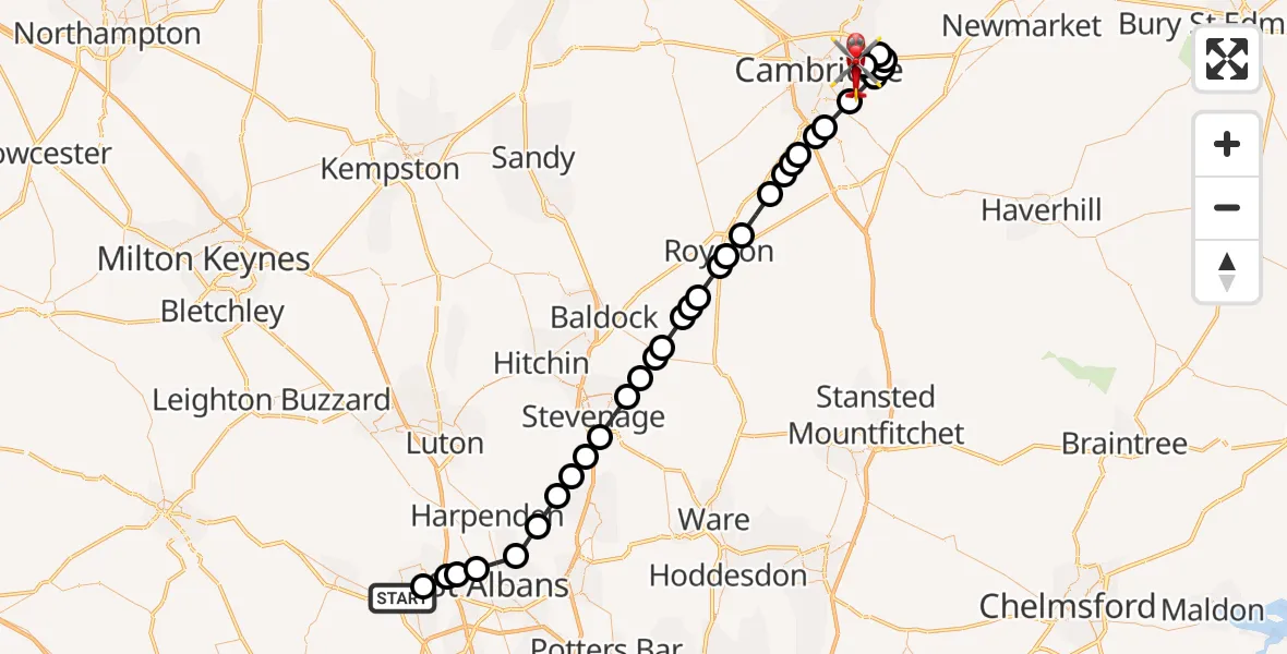 Flight route Air Ambulance Helicopter Corner Hall - Cambridge City Airport, 26 October 2026, 09:08