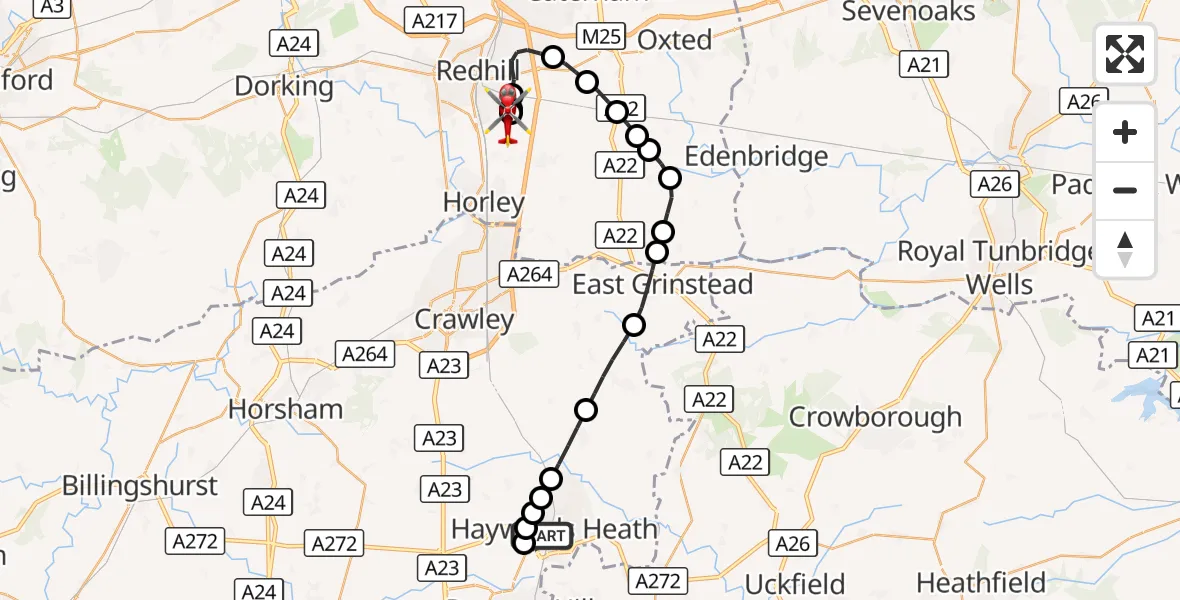 Flight route Air Ambulance Helicopter Haywards Heath - Redhill Aerodrome, 26 October 2026, 09:13