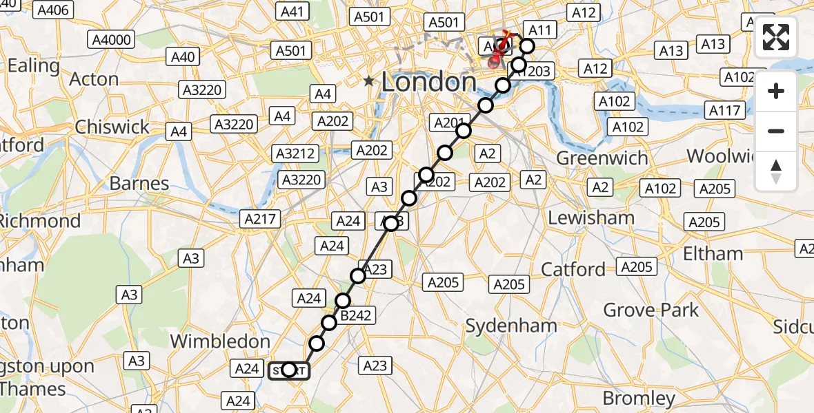Flight route Air Ambulance Helicopter Collier's Wood - Royal London Hospital, 26 October 2026, 09:25