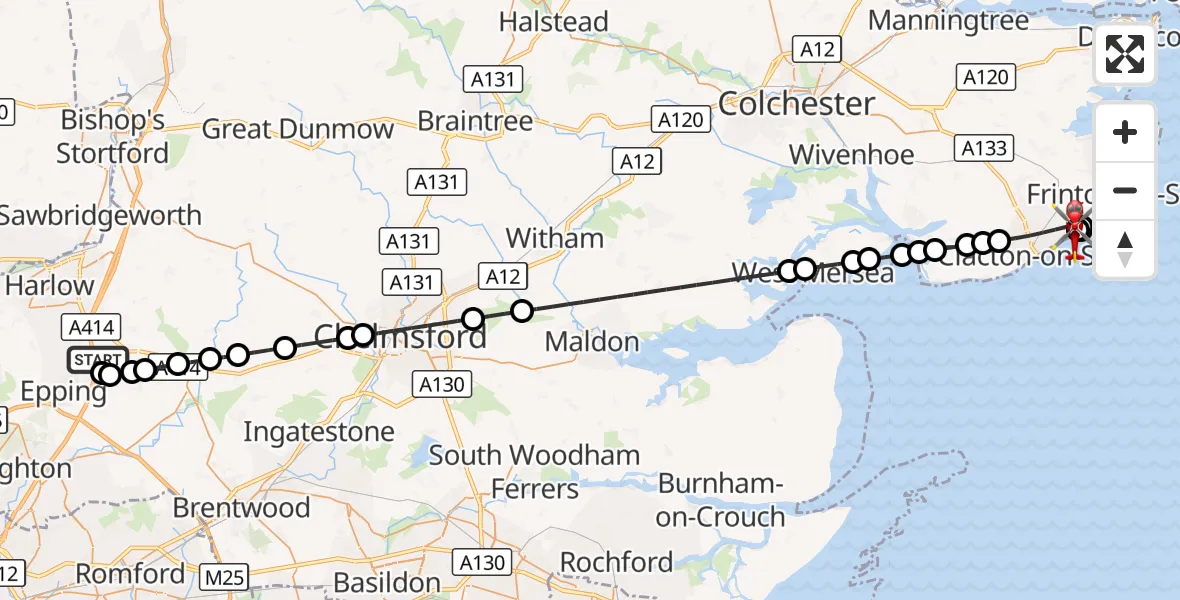 Flight route Air Ambulance Helicopter North Weald Airfield - Tendring, 26 October 2026, 09:35
