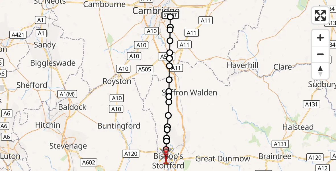 Flight route Air Ambulance Helicopter Cambridge City Airport - Bishop's Stortford, 26 October 2026, 10:49